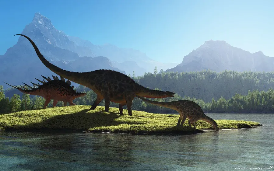 Photo Large herbivorous long-necked dinosaurs by the lake