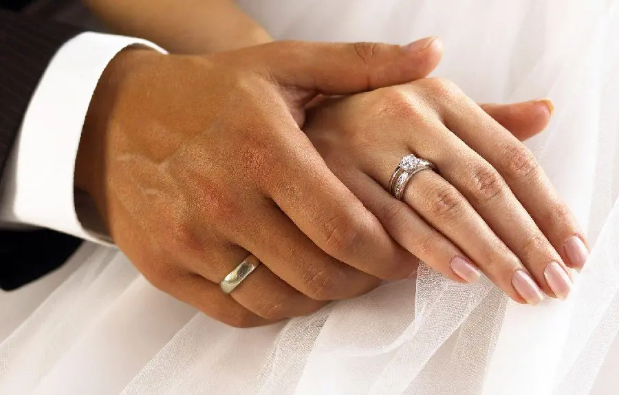 Close-up photo of the bride and groom's hands with rings