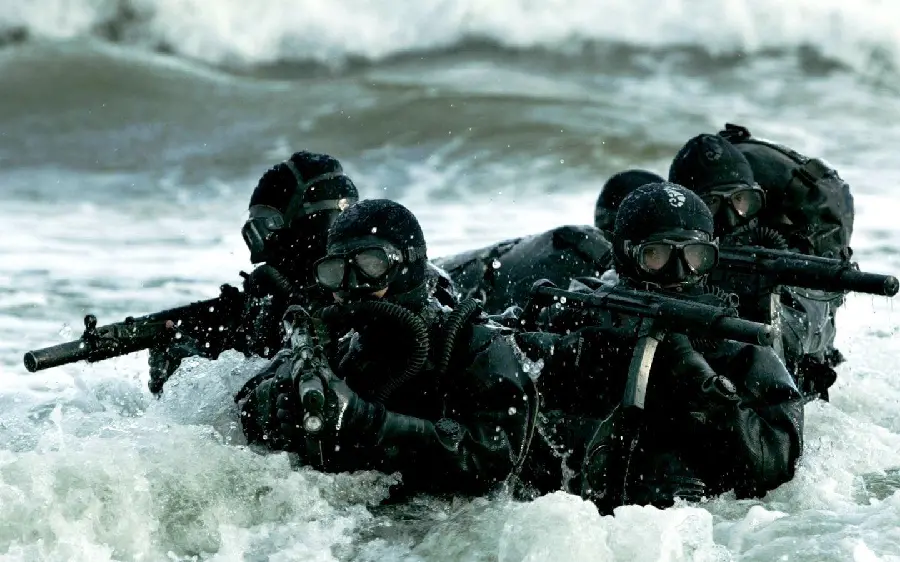 Marine Military Special Forces with Diving Suits and Black Weapons