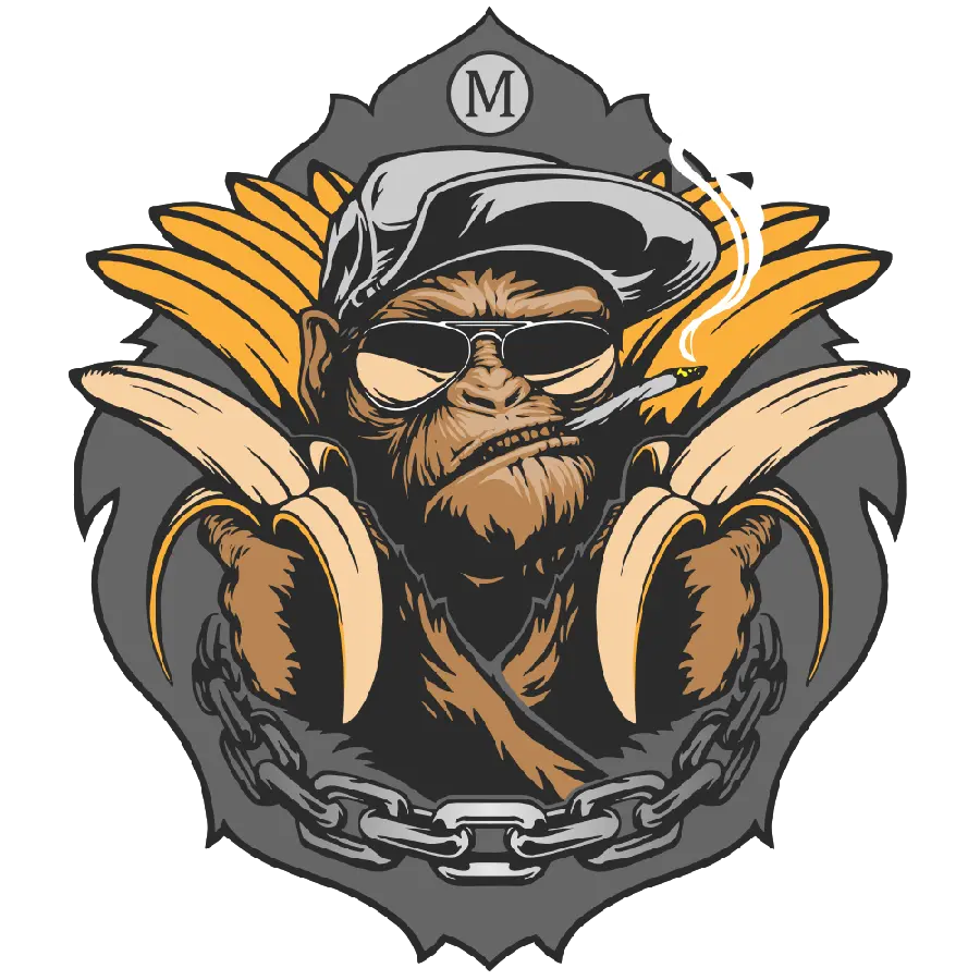 Graphic logo of a chimpanzee with banana