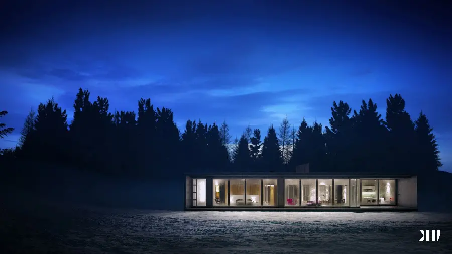 Image of a villa with a glass facade at night
