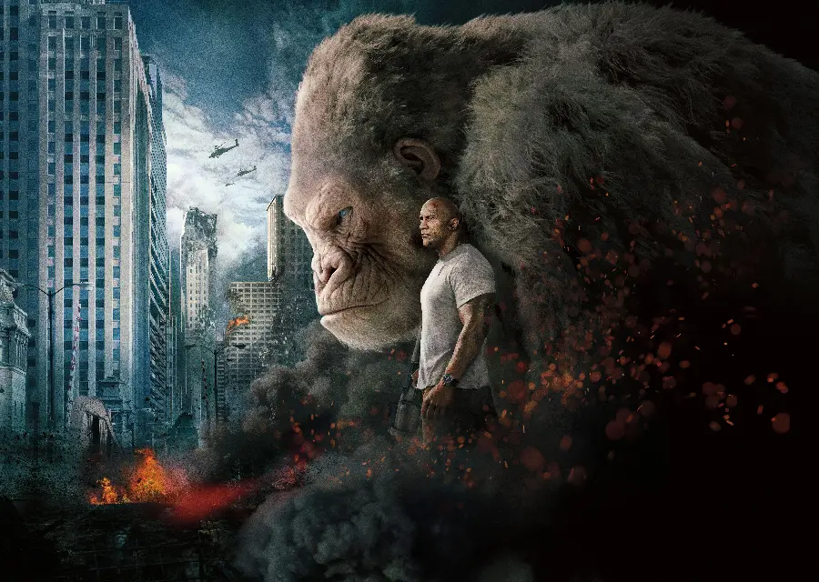 Wallpaper of a white gorilla with the rock Dwayne Johnson