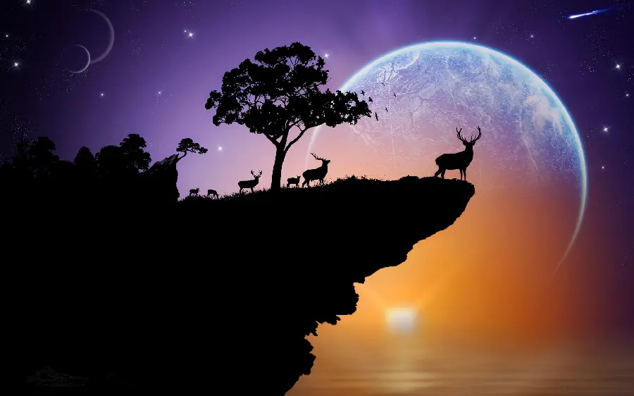 Fantasy Moon and Deer Antlers Wallpaper Next to the Sunset