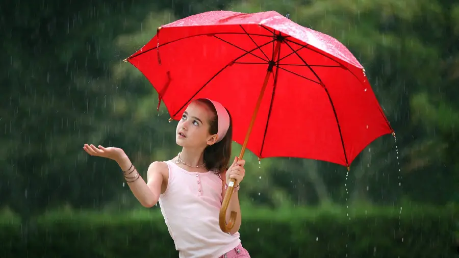 Girl profile picture with red umbrella in hand