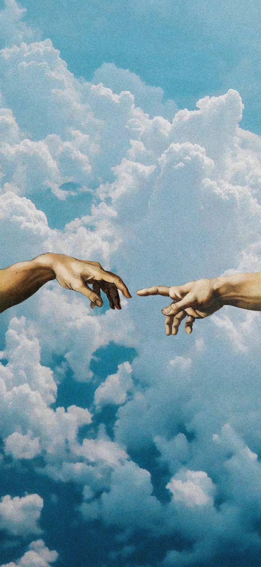 Download Michelangelo's hands wallpaper on a blue cloudy sky background