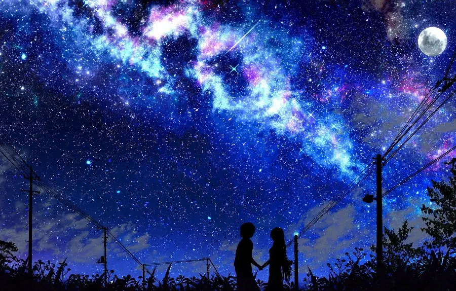 Romantic Picture of Dark Couple Girl and Boy Under the Starry Night Sky