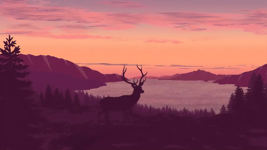 Painting of antlerless deer with orange lake and sunset