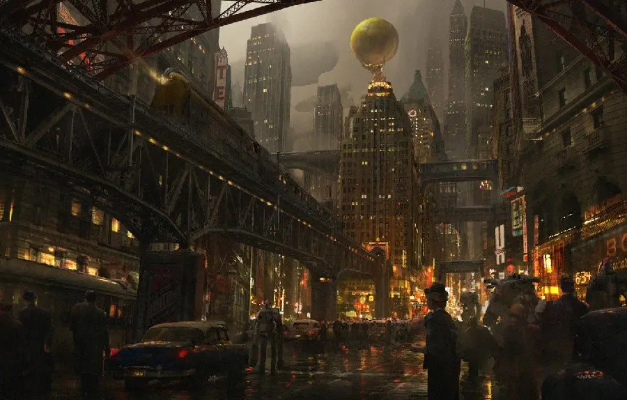 Download fantasy wallpaper of a big city in the style of Victorian architecture