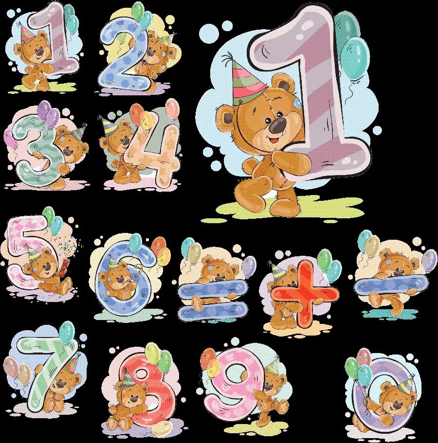 Wallpaper without Background of Funny Bears with Latin Numbers PNG