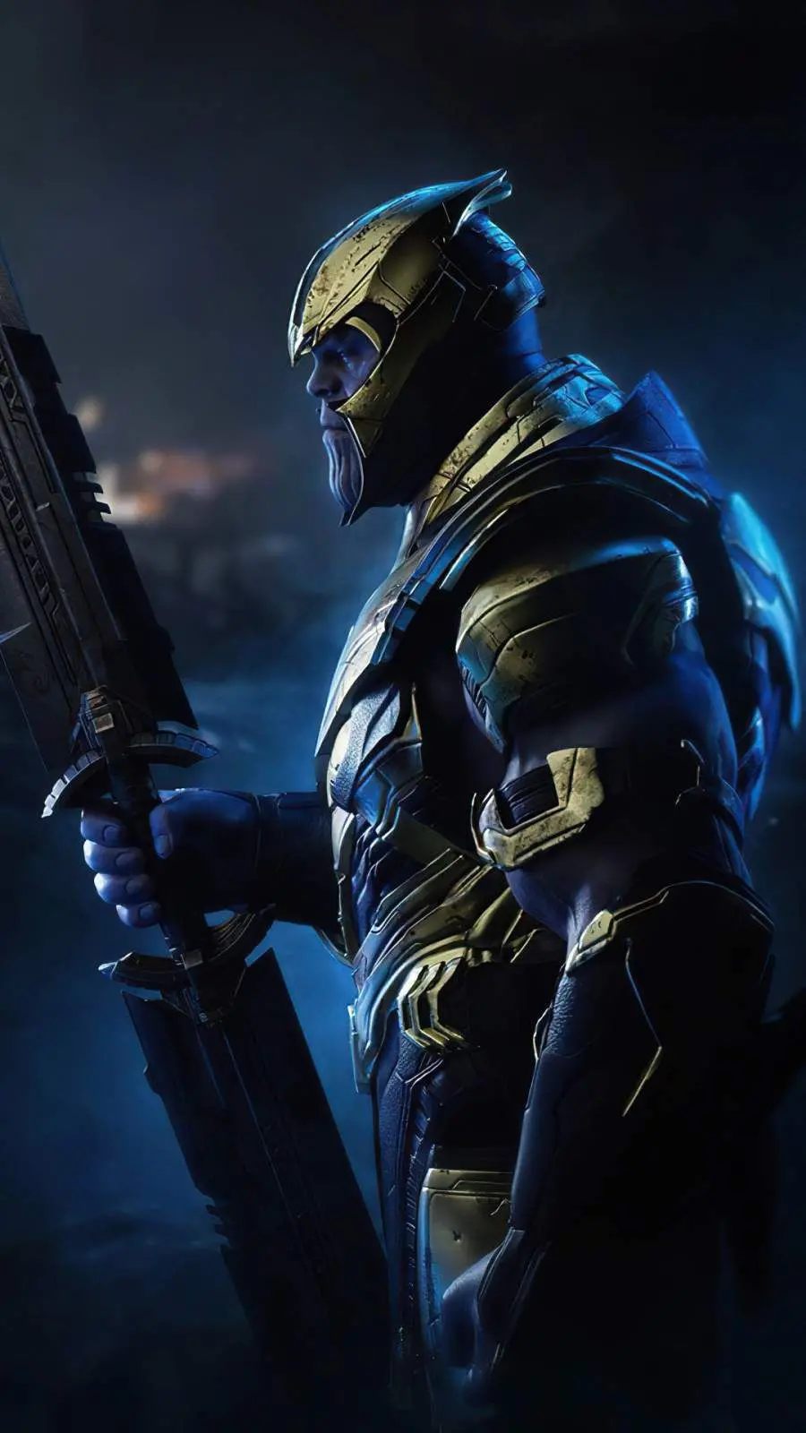 Thanos iPhone Wallpaper with Battle Suit and Double-edged Swords