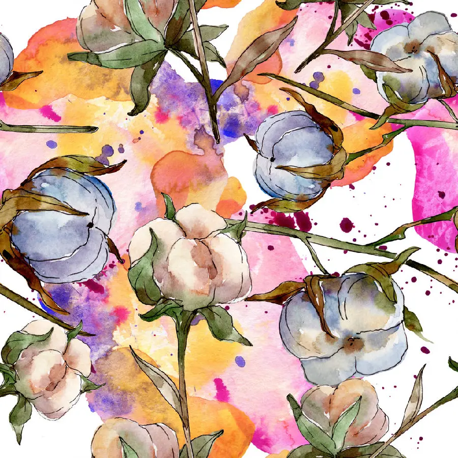 Oil painting of colorful flowers and natural white cotton flower