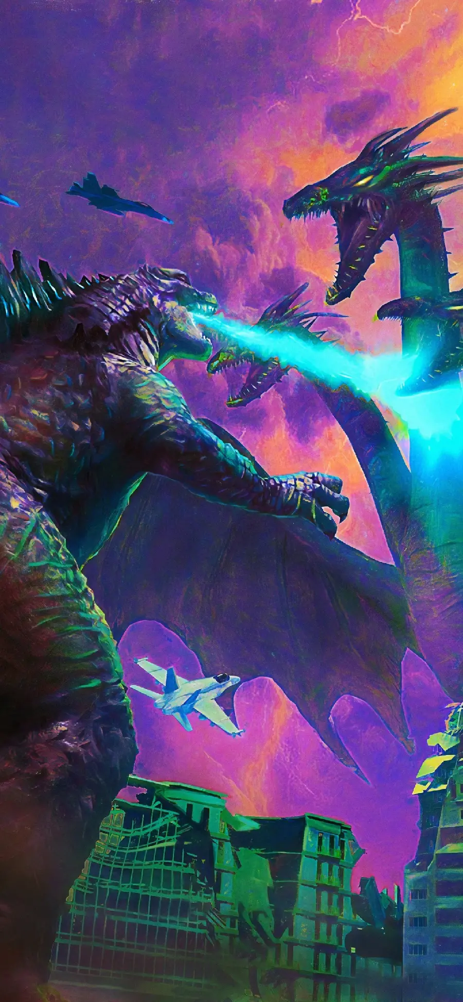 Mobile wallpaper of Godzilla's battle with the multi-headed flying dinosaur