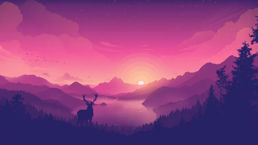 Fantasy photo of deer and sunset in the orange and purple valley