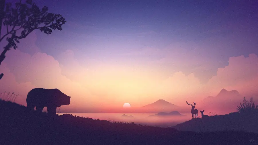 Beautiful sunset wallpaper with wild animals bear and falcon