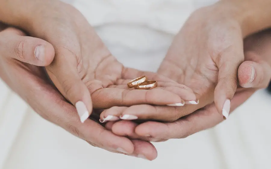 High quality image of bride and groom hands with wedding rings for ideas for bridal photography